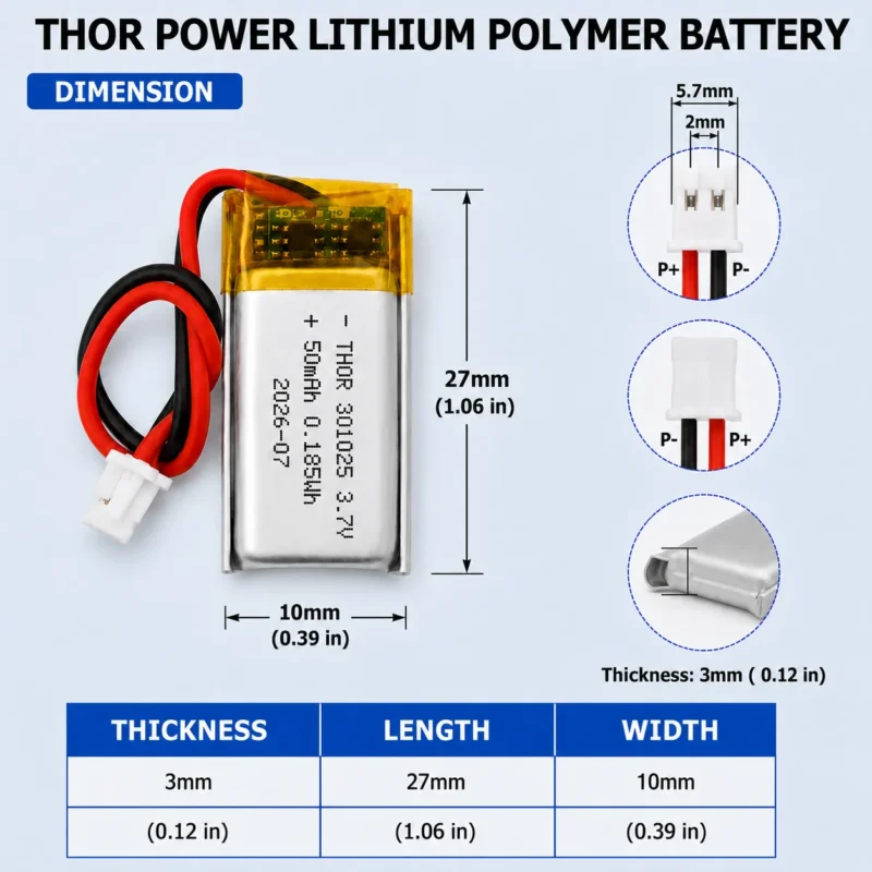 THOR 301025 3.7V 50mAh LiPo battery dimension drawing showing T×W×L = 3.0 × 10 × 27 mm (with PCM) and 2-pin connector polarity