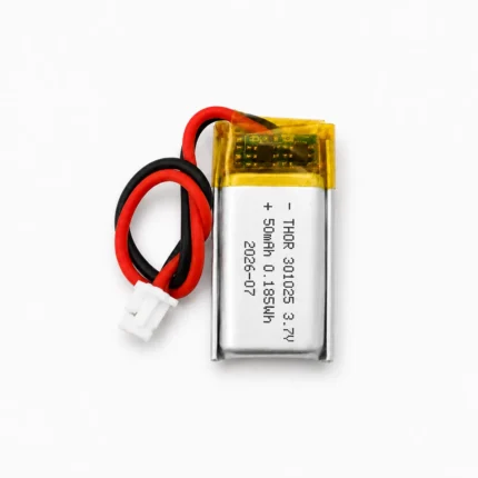 THOR 301025 3.7V 50mAh lithium polymer battery with PCM protection, red and black lead wires, and 2-pin connector