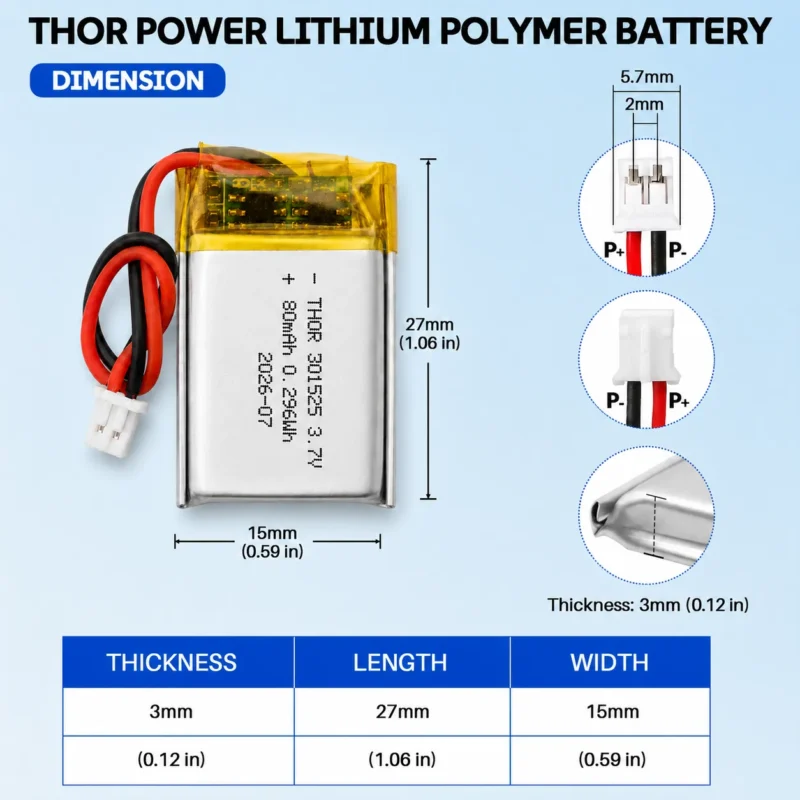 THOR 301525 3.7V 50mAh LiPo battery dimension drawing showing T×W×L = 3 × 15 × 27 mm (with PCM) and 2-pin connector polarity