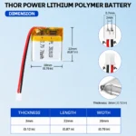 THOR 302020 3.7V 70mAh LiPo battery dimension drawing showing T×W×L = 3 × 20 × 22 mm (with PCM) and 2-pin connector polarity