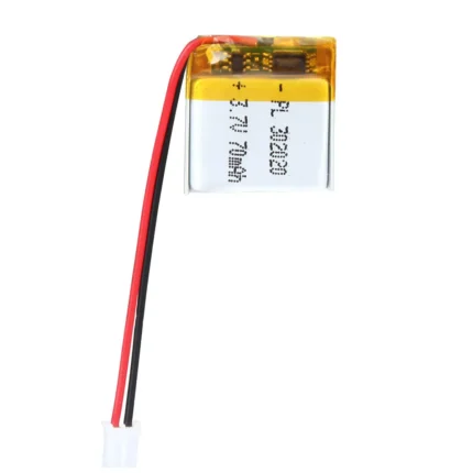 THOR 302020 3.7V 70mAh lithium polymer battery with PCM protection, red and black lead wires, and 2-pin connector