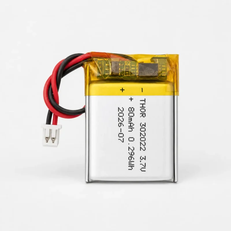 THOR 302022 3.7V 80mAh lithium polymer battery with PCM protection, red and black lead wires, and 2-pin connector