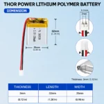 THOR 302530 3.7V 150mAh LiPo battery dimension drawing showing T×W×L = 3 × 25 × 32 mm (with PCM) and 2-pin connector polarity