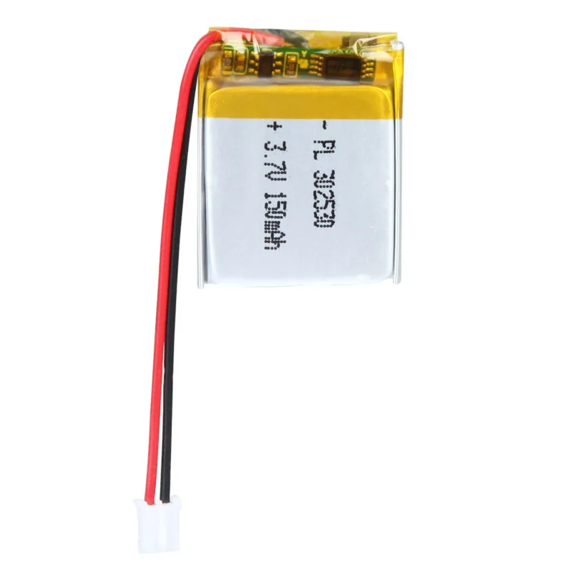 THOR 302530 3.7V 150mAh lithium polymer battery with PCM protection, red and black lead wires, and 2-pin connector