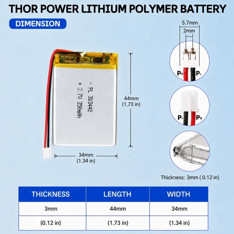 THOR 303442 3.7V 350mAh LiPo battery dimension drawing showing T×W×L = 3 × 34 × 44 mm (with PCM) and 2-pin connector polarity