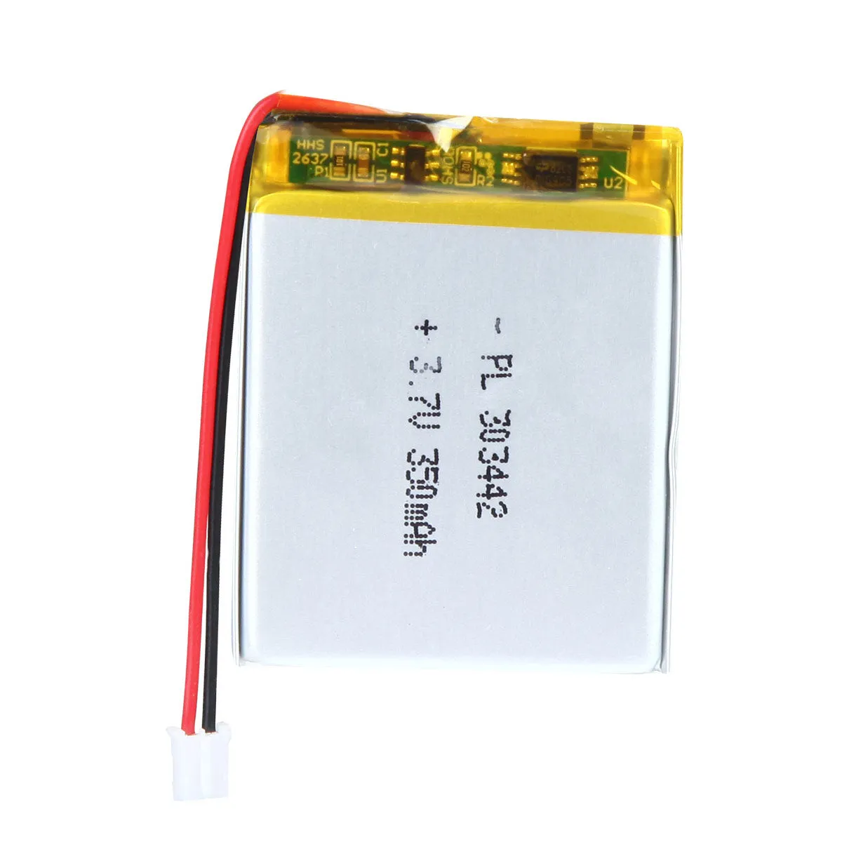 thor-303442-lithium-polymer-battery THOR 303442 3.7V 350mAh lithium polymer battery with PCM protection, red and black lead wires, and 2-pin connector