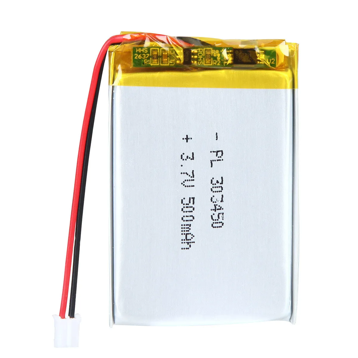 thor-303450-lithium-polymer-battery THOR 303450 3.7V 500mAh lithium polymer battery with PCM protection, red and black lead wires, and 2-pin connector