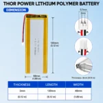 THOR 3048128 3.7V 3400mAh LiPo battery dimension drawing showing T×W×L = 3.0 × 48 × 130 mm (with PCM) and 2-pin connector polarity