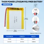 THOR 335367 3.7V 630mAh LiPo battery dimension drawing showing T×W×L = 3 × 53 × 69 mm (with PCM) and 2-pin connector polarity