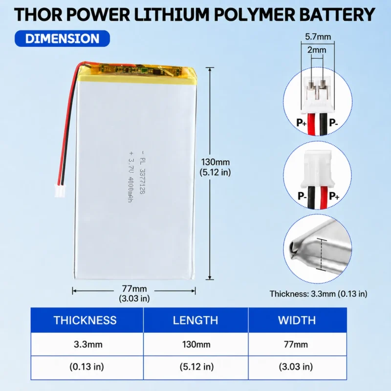 THOR 3377128 3.7V 4000mAh LiPo battery dimension drawing showing T×W×L = 3.3 × 77 × 130 mm (with PCM) and 2-pin connector polarity