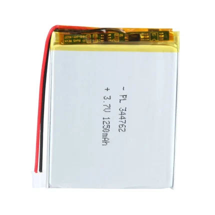 THOR 344762 3.7V 1250mAh lithium polymer battery with PCM protection, red and black lead wires, and 2-pin connector
