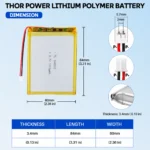 THOR 346082 3.7V 1900mAh LiPo battery dimension drawing showing T×W×L = 3 × 60 × 84 mm (with PCM) and 2-pin connector polarity