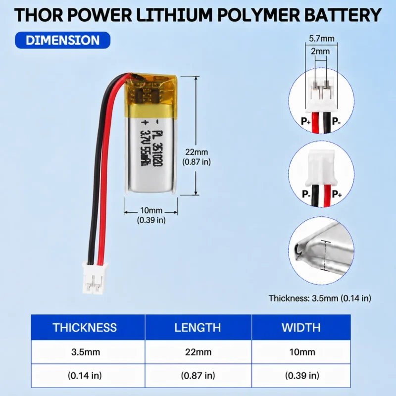 THOR 351020 3.7V 55mAh LiPo battery dimension drawing showing T×W×L = 3 × 10 × 22 mm (with PCM) and 2-pin connector polarity