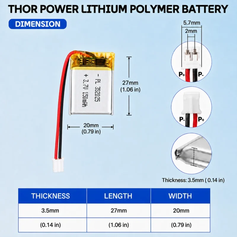 THOR 352025 3.7V 150mAh LiPo battery dimension drawing showing T×W×L = 3.5 × 20 × 27 mm (with PCM) and 2-pin connector polarity