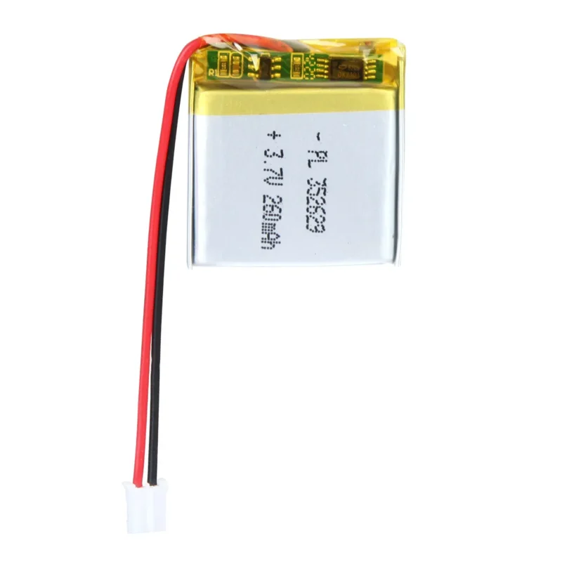 THOR 352629 3.7V 260mAh lithium polymer battery with PCM protection, red and black lead wires, and 2-pin connector
