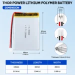 THOR 354860 3.7V 1100mAh LiPo battery dimension drawing showing T×W×L = 3.5 × 48 × 62 mm (with PCM) and 2-pin connector polarity