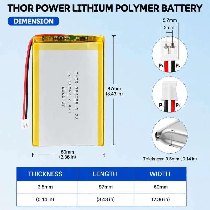 THOR 356085 3.7V 2000mAh LiPo battery dimension drawing showing T×W×L = 3.5 × 60 × 87 mm (with PCM) and 2-pin connector polarity
