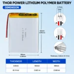 THOR 366890 3.7V 2500mAh LiPo battery dimension drawing showing T×W×L = 3.6 × 68 × 92 mm (with PCM) and 2-pin connector polarity