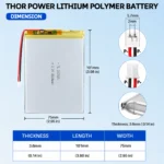 THOR 367599 3.7V 3200mAh LiPo battery dimension drawing showing T×W×L = 3.6 × 75 × 101 mm (with PCM) and 2-pin connector polarity