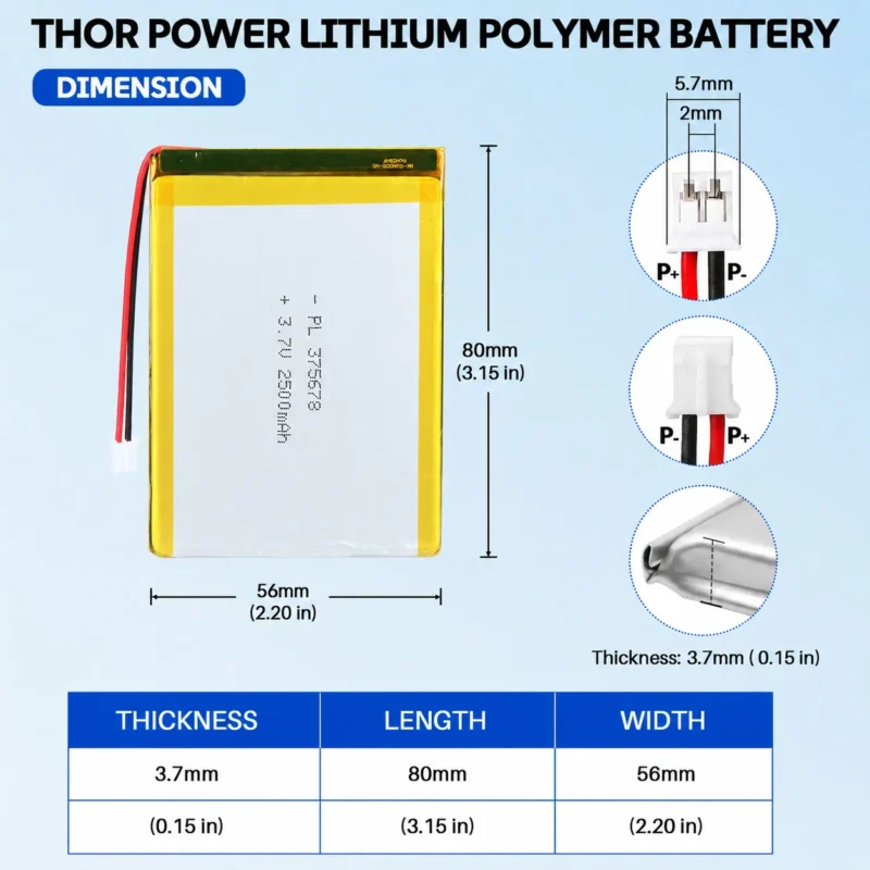THOR 375678 3.7V 2500mAh LiPo battery dimension drawing showing T×W×L = 3.7 × 56 × 80 mm (with PCM) and 2-pin connector polarity