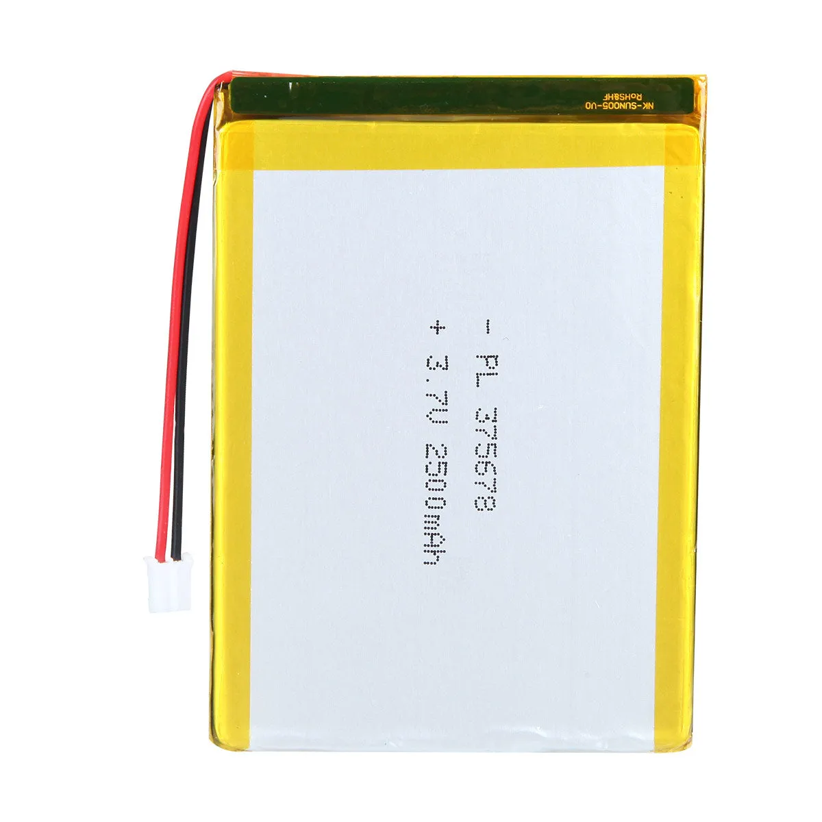 thor-375678-lithium-polymer-battery THOR 375678 3.7V 2500mAh lithium polymer battery with PCM protection, red and black lead wires, and 2-pin connector