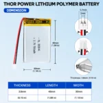 THOR 383046 3.7V 500mAh LiPo battery dimension drawing showing T×W×L = 3.8 × 30 × 48 mm (with PCM) and 2-pin connector polarity