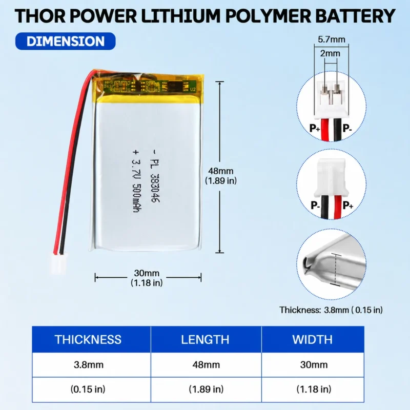 THOR 383046 3.7V 500mAh LiPo battery dimension drawing showing T×W×L = 3.8 × 30 × 48 mm (with PCM) and 2-pin connector polarity