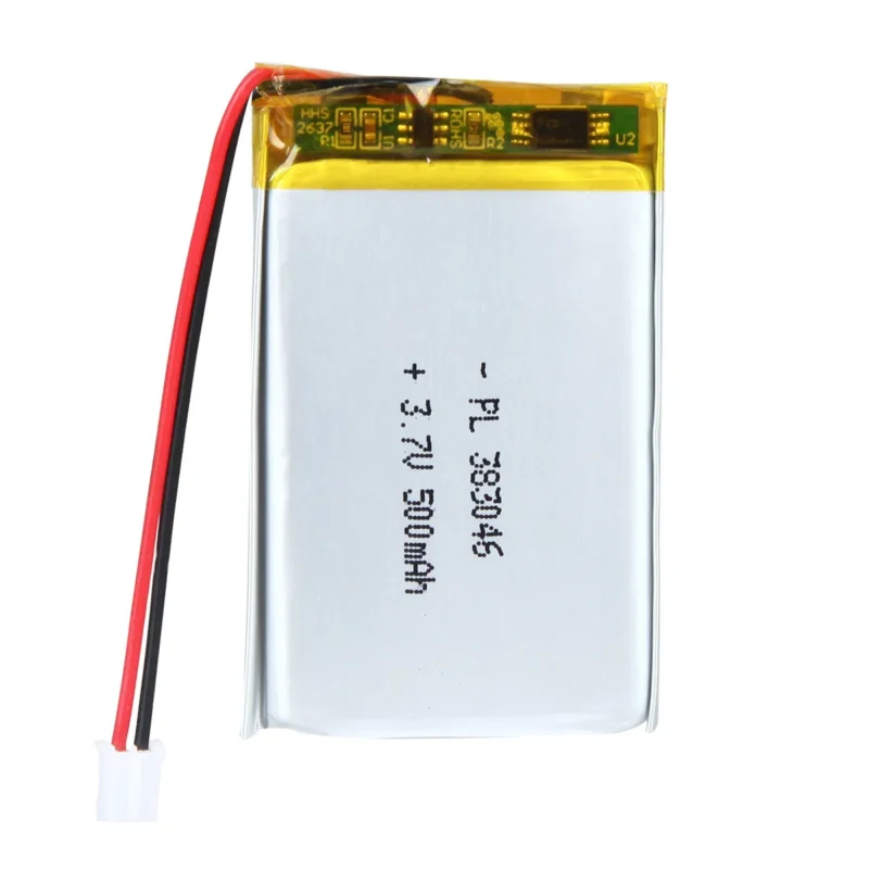 THOR 383046 3.7V 500mAh lithium polymer battery with PCM protection, red and black lead wires, and 2-pin connector