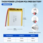 THOR 384659 3.7V 1250mAh LiPo battery dimension drawing showing T×W×L = 3.8 × 46 × 61 mm (with PCM) and 2-pin connector polarity