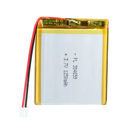 THOR 384659 3.7V 1250mAh lithium polymer battery with PCM protection, red and black lead wires, and 2-pin connector