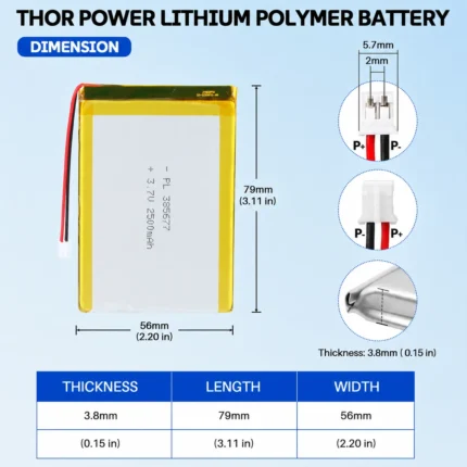THOR 385677 3.7V 2500mAh LiPo battery dimension drawing showing T×W×L = 3.8 × 56 × 79 mm (with PCM) and 2-pin connector polarity
