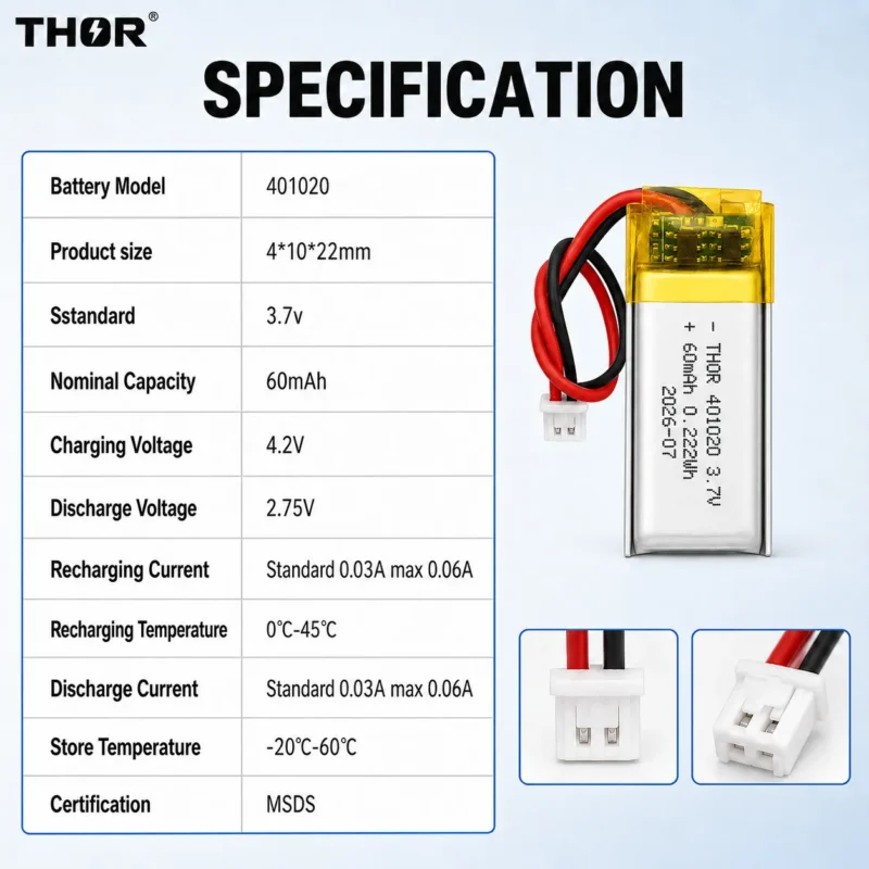 THOR 401020 3.7V 60mAh lithium polymer battery specifications with dimensions and connector details