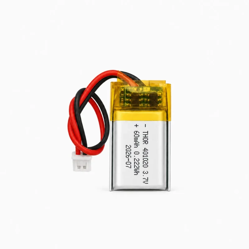 THOR 401020 3.7V 60mAh lithium polymer battery with PCM protection, red and black lead wires, and 2-pin connector