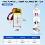 THOR 401025 3.7V 70mAh LiPo battery dimension drawing showing T×W×L =4.0 × 10 × 27 mm (with PCM) and 2-pin connector polarity