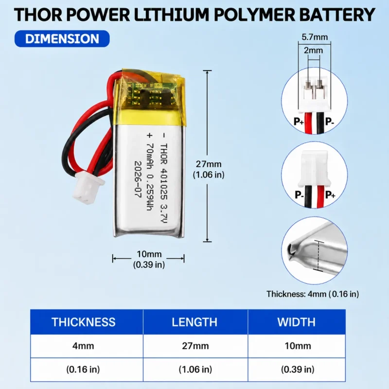 THOR 401025 3.7V 70mAh LiPo battery dimension drawing showing T×W×L =4.0 × 10 × 27 mm (with PCM) and 2-pin connector polarity