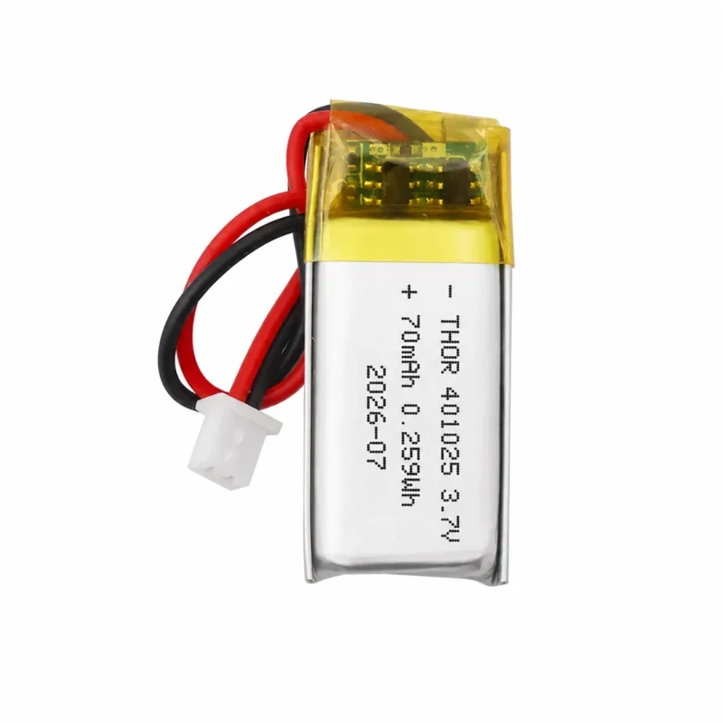THOR 401025 3.7V 70mAh lithium polymer battery with PCM protection, red and black lead wires, and 2-pin connector