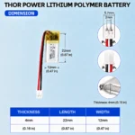 THOR 401220 3.7V 70mAh LiPo battery dimension drawing showing T×W×L = 4.0 × 12 × 22 mm (with PCM) and 2-pin connector polarity