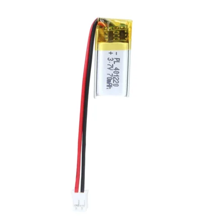 THOR 401220 3.7V 70mAh lithium polymer battery with PCM protection, red and black lead wires, and 2-pin connector
