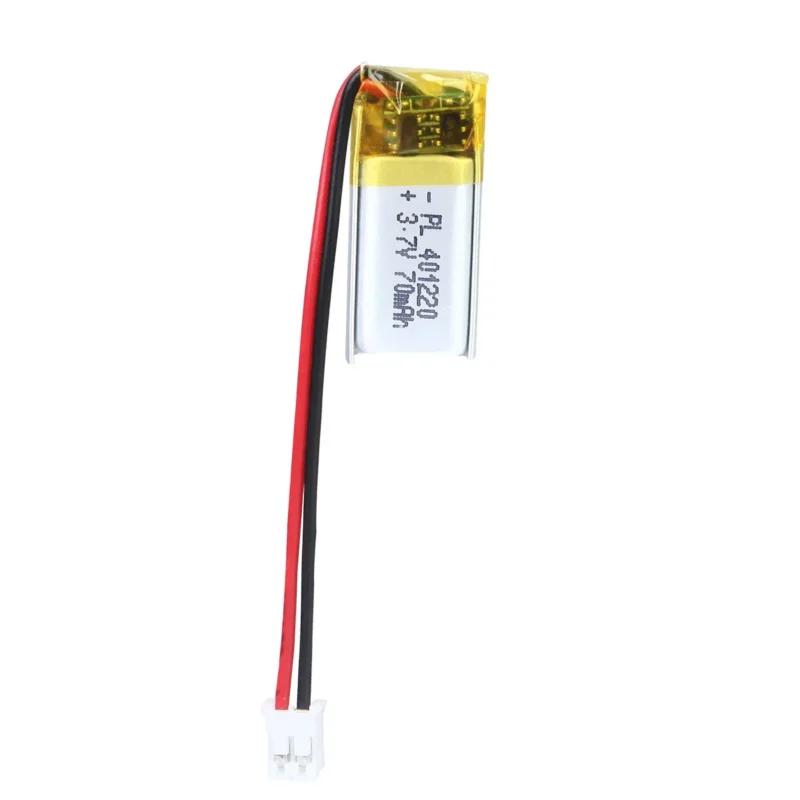 THOR 401220 3.7V 70mAh lithium polymer battery with PCM protection, red and black lead wires, and 2-pin connector
