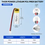 THOR 401129 3.7V 100mAh LiPo battery dimension drawing showing T×W×L = 4.0 × 11 × 31 mm (with PCM) and 2-pin connector polarity