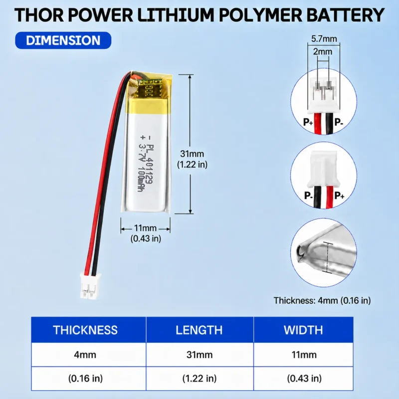 THOR 401129 3.7V 100mAh LiPo battery dimension drawing showing T×W×L = 4.0 × 11 × 31 mm (with PCM) and 2-pin connector polarity