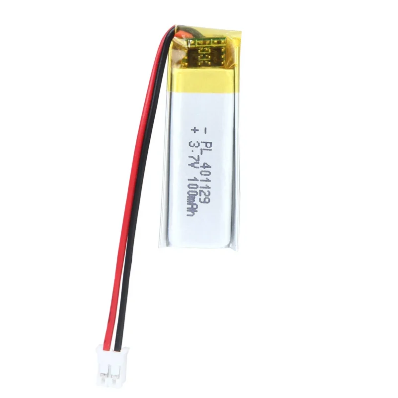 THOR 401129 3.7V 100mAh lithium polymer battery with PCM protection, red and black lead wires, and 2-pin connector