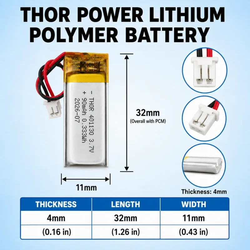 THOR 401130 3.7V 90mAh LiPo battery dimension drawing showing T×W×L = 4.0 × 11 × 32 mm (with PCM) and 2-pin connector polarity