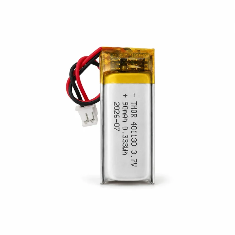 THOR 401130 3.7V 90mAh lithium polymer battery with PCM protection, red and black lead wires, and 2-pin connector