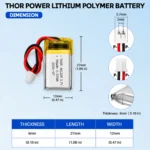 THOR 401225 3.7V 90mAh LiPo battery dimension drawing showing T×W×L = 4.0 × 12 × 27 mm (with PCM) and 2-pin connector polarity