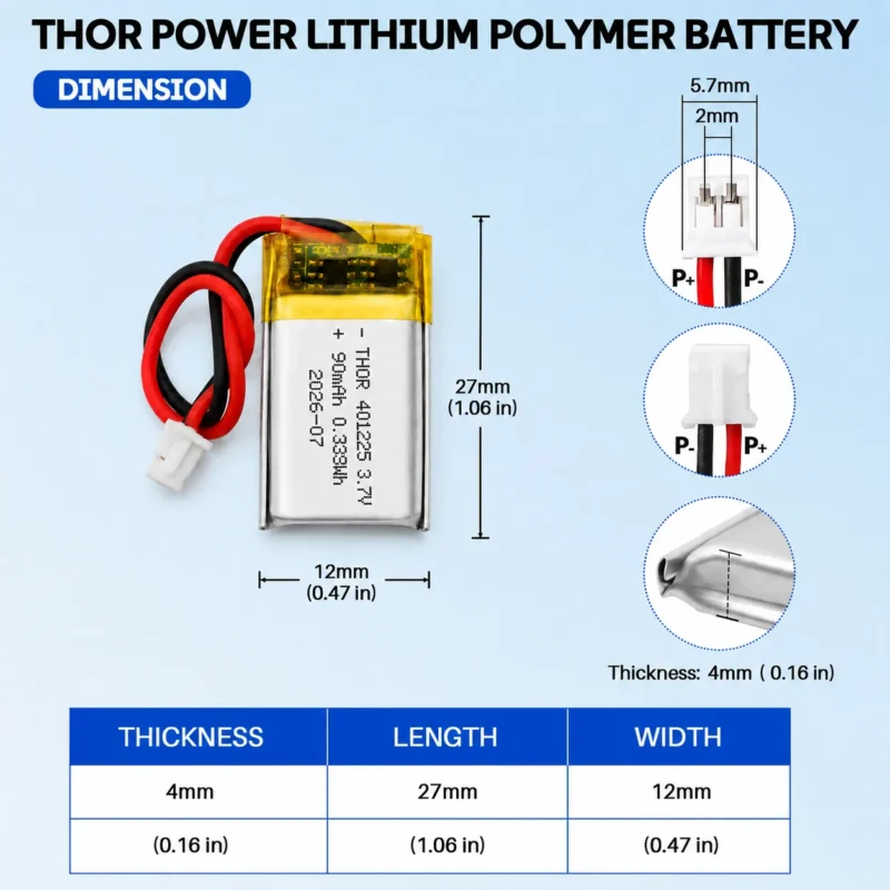 THOR 401225 3.7V 90mAh LiPo battery dimension drawing showing T×W×L = 4.0 × 12 × 27 mm (with PCM) and 2-pin connector polarity