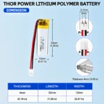 THOR 401230 3.7V 100mAh LiPo battery dimension drawing showing T×W×L = 4.0 × 12 × 32 mm (with PCM) and 2-pin connector polarity