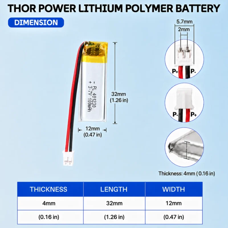 THOR 401230 3.7V 100mAh LiPo battery dimension drawing showing T×W×L = 4.0 × 12 × 32 mm (with PCM) and 2-pin connector polarity