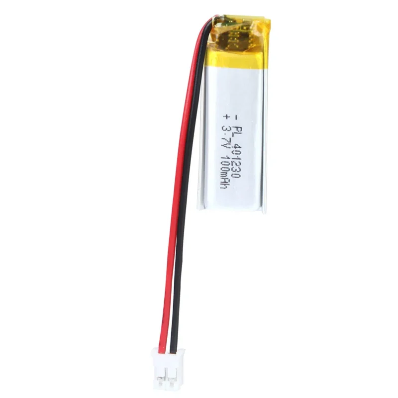 THOR 401230 3.7V 100mAh lithium polymer battery with PCM protection, red and black lead wires, and 2-pin connector