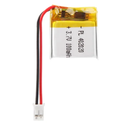 THOR 402020 3.7V 100mAh lithium polymer battery with PCM protection, red and black lead wires, and 2-pin connector